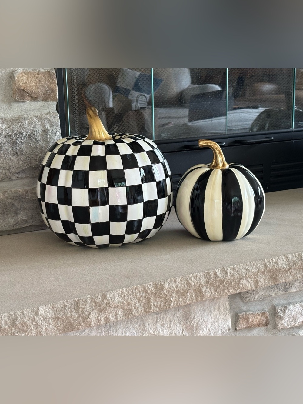 MacKenzie-Child’s Small Stripe Pumpkin and Medium Pumpkin in Courtly Check